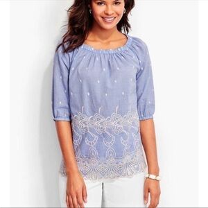 Talbots 100% Cotton Chambray Embroidered Off The Shoulder Short Sleeves Top MP